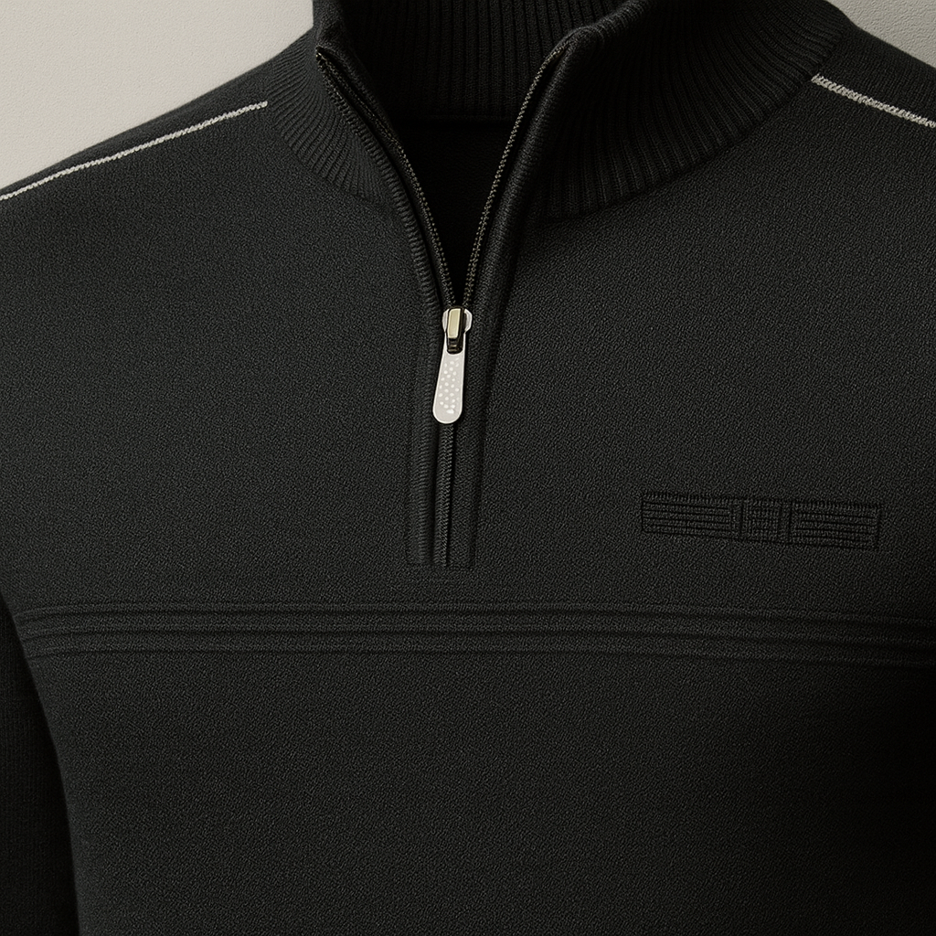 A long-sleeve knit pullover with a half-zip front, ribbed cuffs, and subtle shoulder detailing.