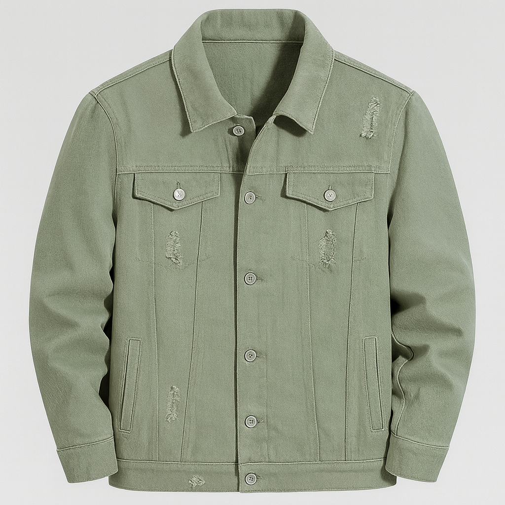 A distressed denim-style jacket with flap chest pockets, worn over a hooded sweatshirt.