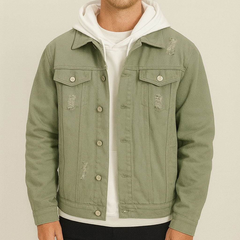 A distressed denim-style jacket with flap chest pockets, worn over a hooded sweatshirt.
