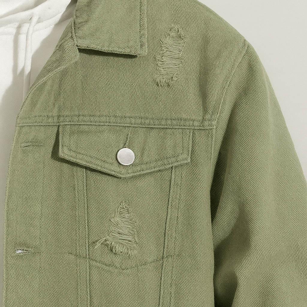 A distressed denim-style jacket with flap chest pockets, worn over a hooded sweatshirt.