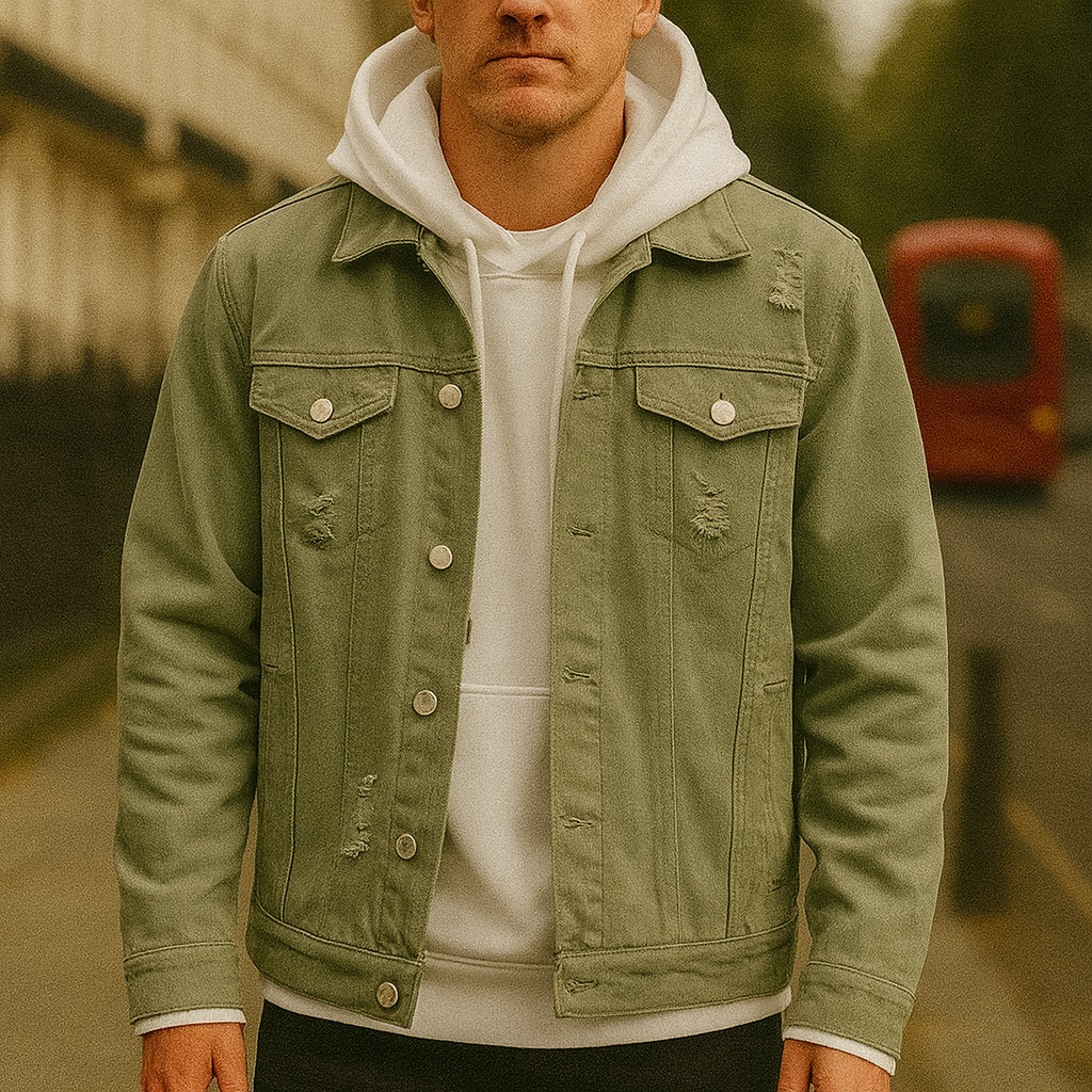 A distressed denim-style jacket with flap chest pockets, worn over a hooded sweatshirt.