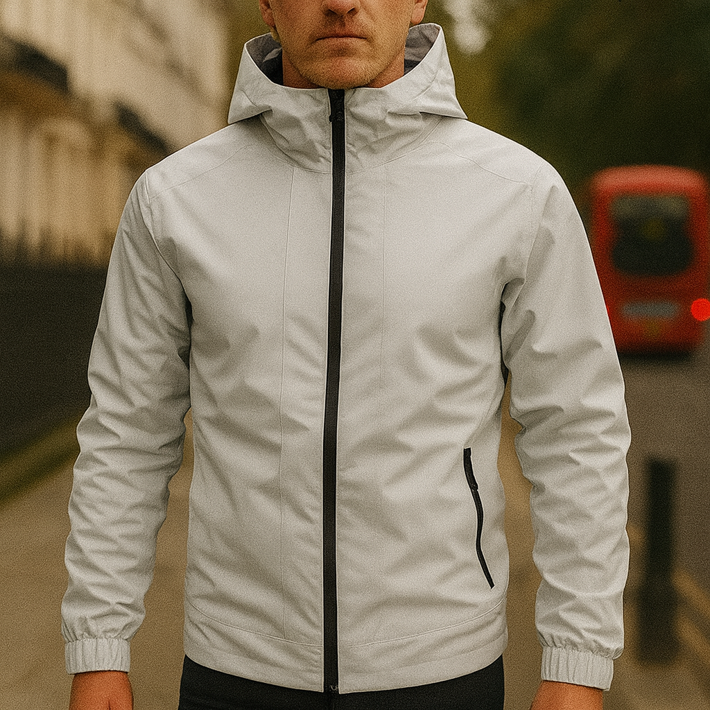 A lightweight hooded jacket with a full zip, elastic cuffs, and side ventilation panels.